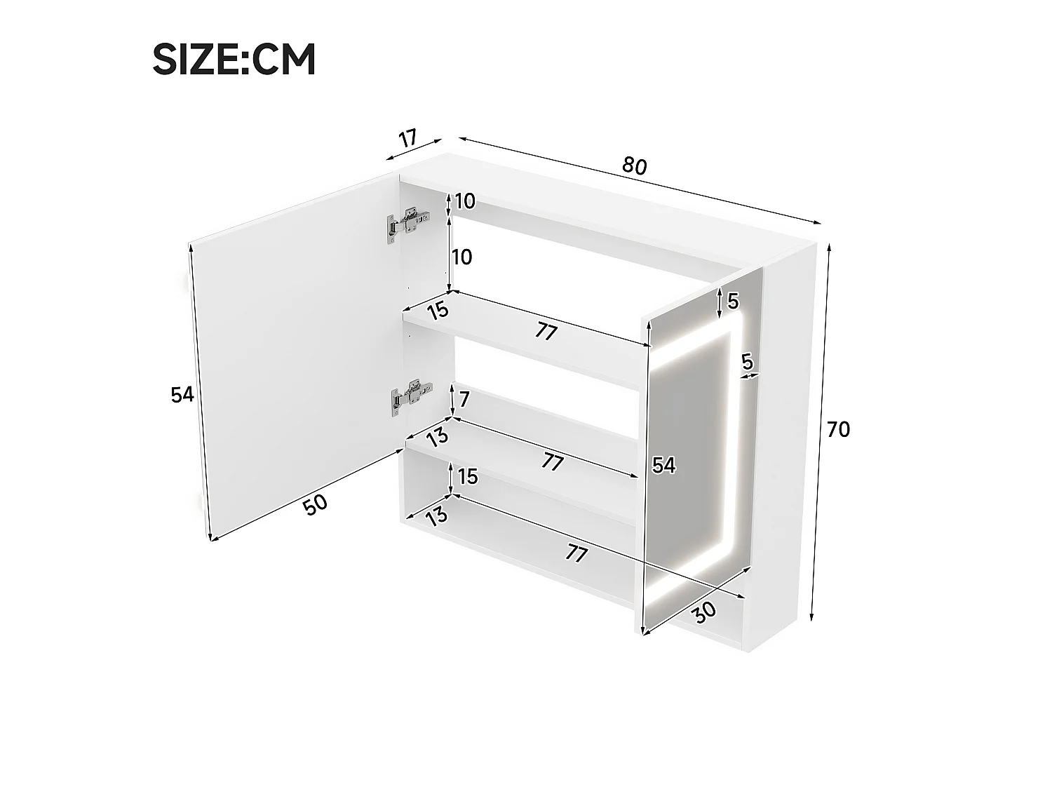 Wandhängender Waschtisch mit LED-Spiegel, 2 Spiegeltüren und 3 Ablagefächern – MDF und Glas – 80 x 17 x 70 cm – Weiß