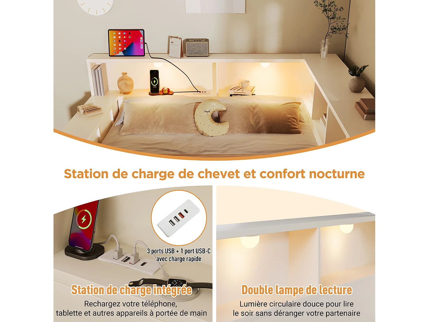 Lit banquette 140 x 190 cm avec compartiments, lampe de lecture, USB/Type-C et 1 tiroir - Panneaux de particules - Blanc (Sans matelas)