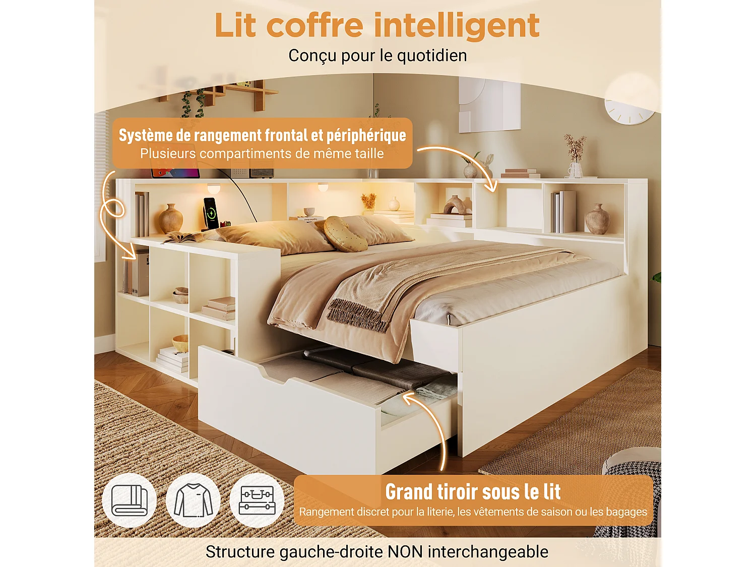 Lit banquette 140 x 190 cm avec compartiments, lampe de lecture, USB/Type-C et 1 tiroir - Panneaux de particules - Blanc (Sans matelas)