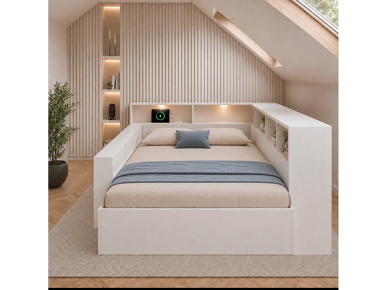 Lit banquette 140 x 190 cm avec compartiments, lampe de lecture, USB/Type-C et 1 tiroir - Panneaux de particules - Blanc (Sans matelas)