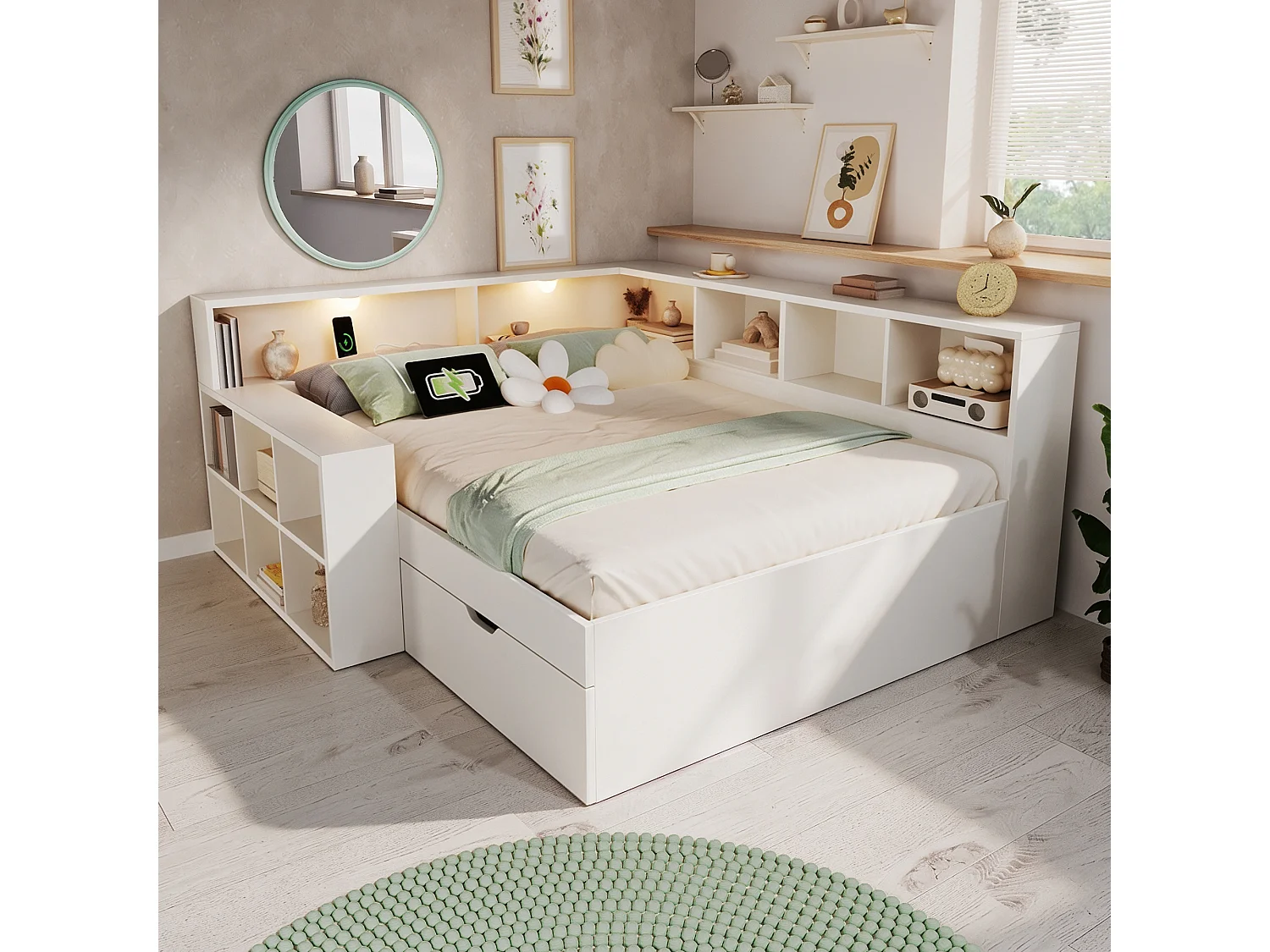 Lit banquette 140 x 190 cm avec compartiments, lampe de lecture, USB/Type-C et 1 tiroir - Panneaux de particules - Blanc (Sans matelas)