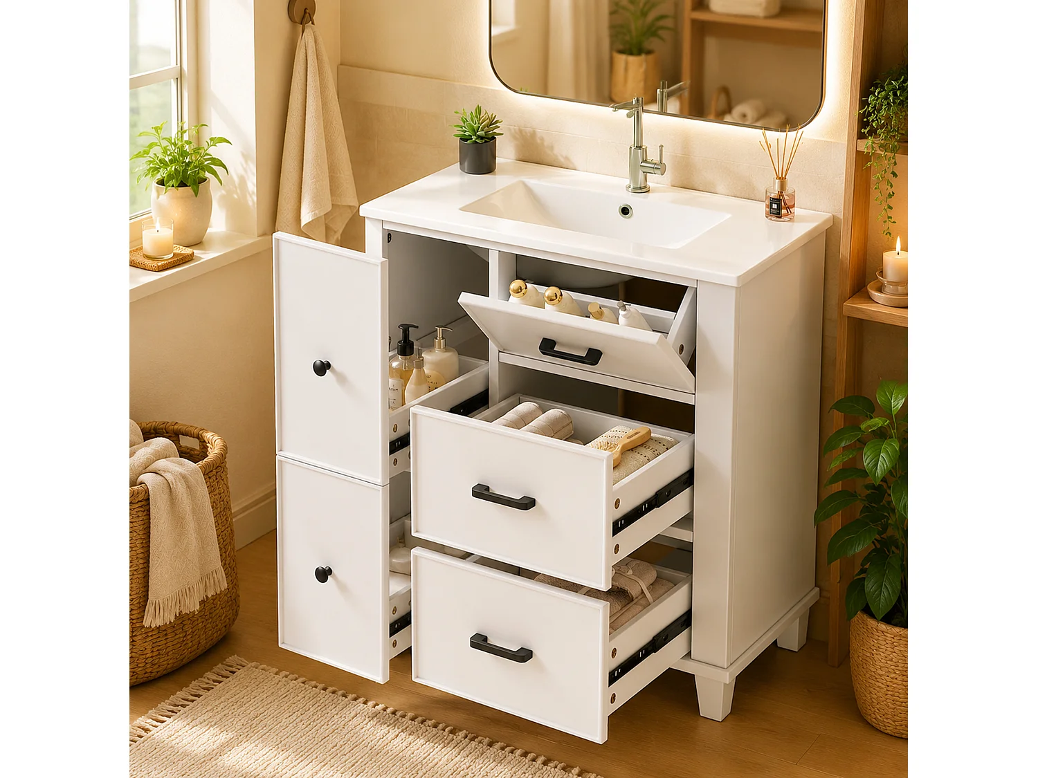 Badezimmer-Waschtisch mit Keramikwaschbecken, 5 Schubladen – MDF und Keramik – 76,5 x 47 x 83,5 cm – Weiß