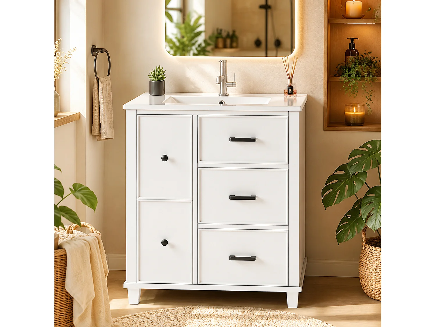 Badezimmer-Waschtisch mit Keramikwaschbecken, 5 Schubladen – MDF und Keramik – 76,5 x 47 x 83,5 cm – Weiß