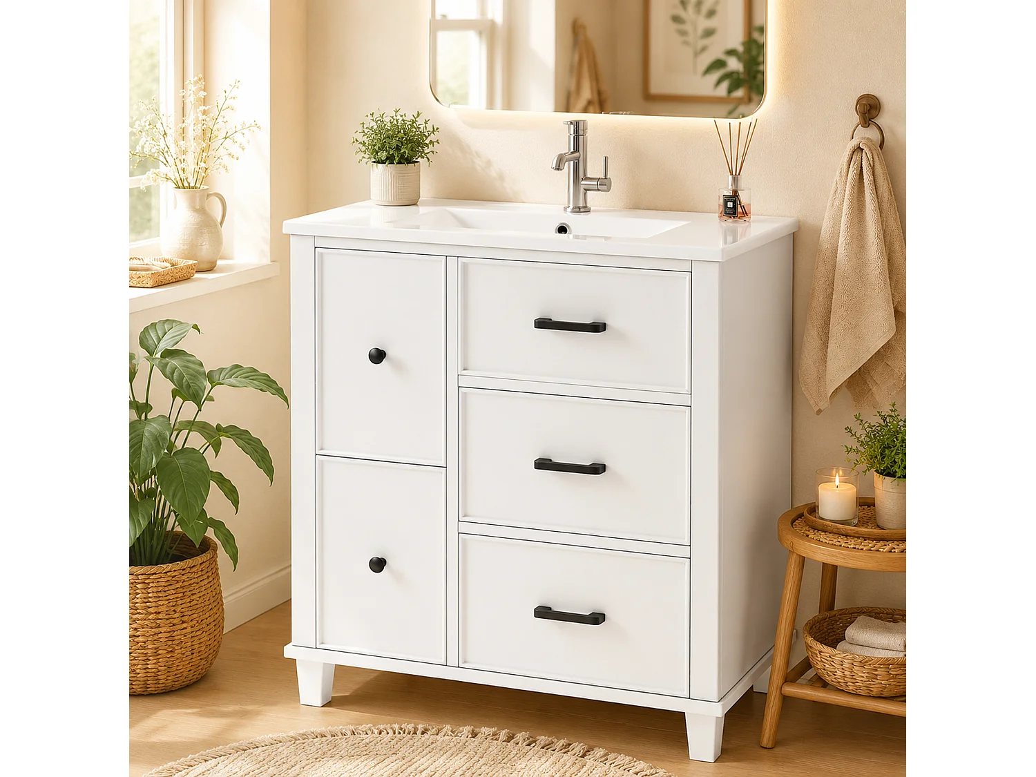 Badezimmer-Waschtisch mit Keramikwaschbecken, 5 Schubladen – MDF und Keramik – 76,5 x 47 x 83,5 cm – Weiß