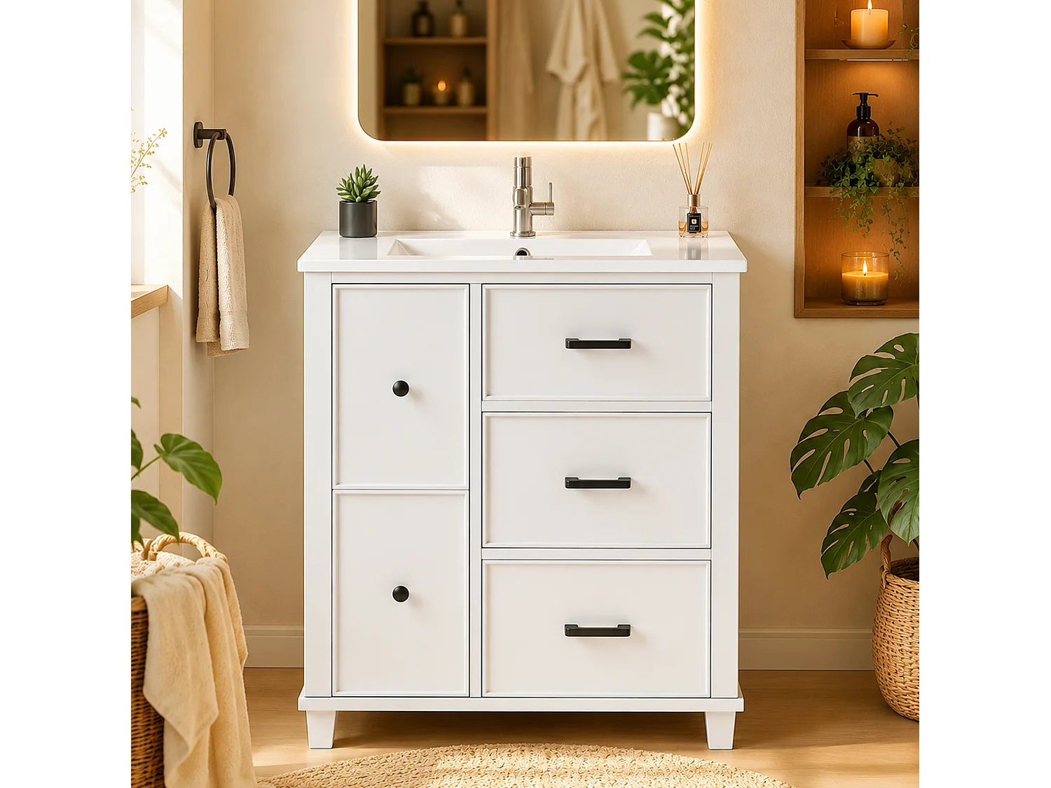 Badezimmer-Waschtisch mit Keramikwaschbecken, 5 Schubladen – MDF und Keramik – 76,5 x 47 x 83,5 cm – Weiß