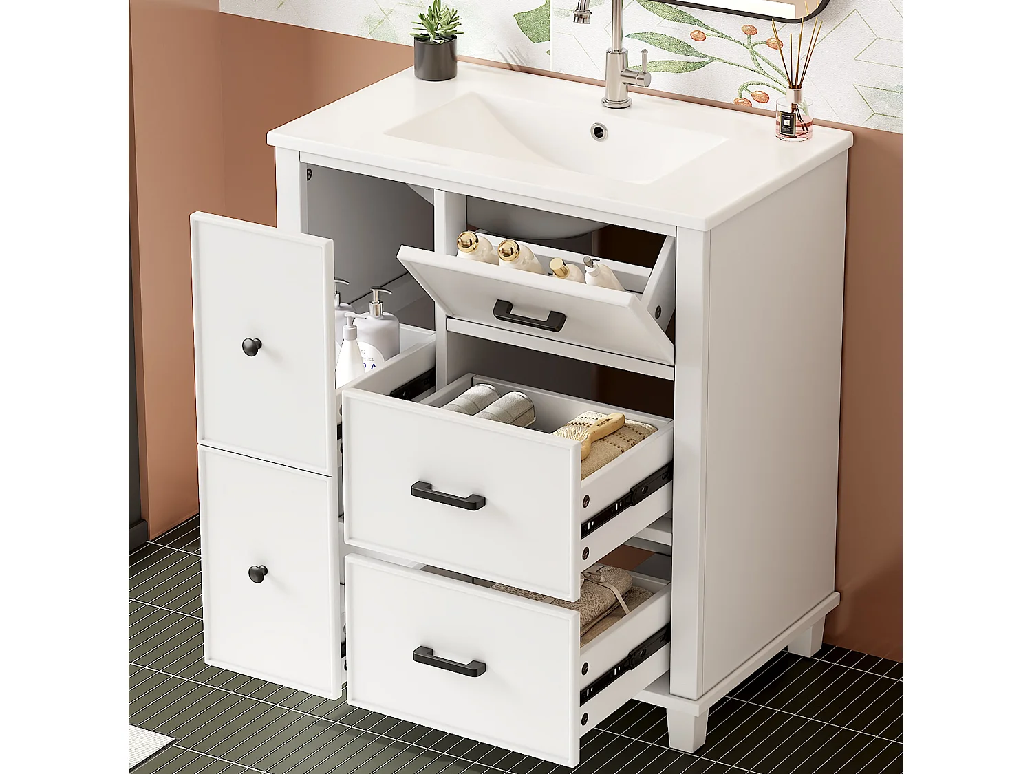 Badezimmer-Waschtisch mit Keramikwaschbecken, 5 Schubladen – MDF und Keramik – 76,5 x 47 x 83,5 cm – Weiß