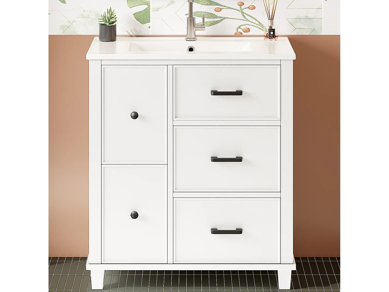 Badezimmer-Waschtisch mit Keramikwaschbecken, 5 Schubladen – MDF und Keramik – 76,5 x 47 x 83,5 cm – Weiß