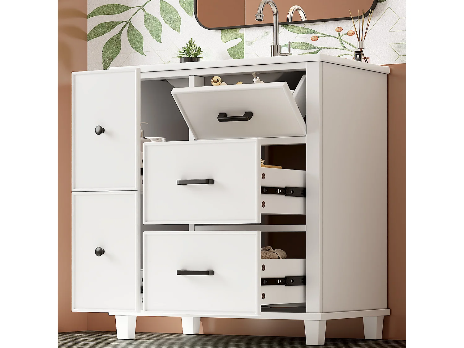 Badezimmer-Waschtisch mit Keramikwaschbecken, 5 Schubladen – MDF und Keramik – 76,5 x 47 x 83,5 cm – Weiß
