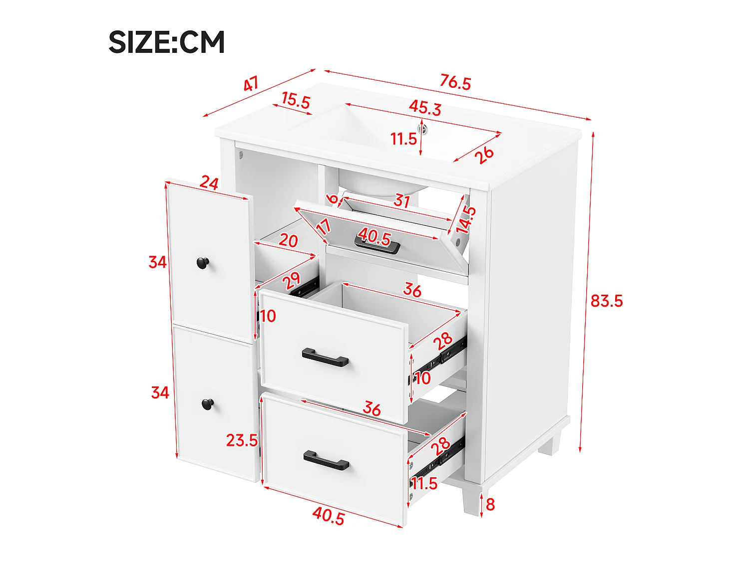 Badezimmer-Waschtisch mit Keramikwaschbecken, 5 Schubladen – MDF und Keramik – 76,5 x 47 x 83,5 cm – Weiß