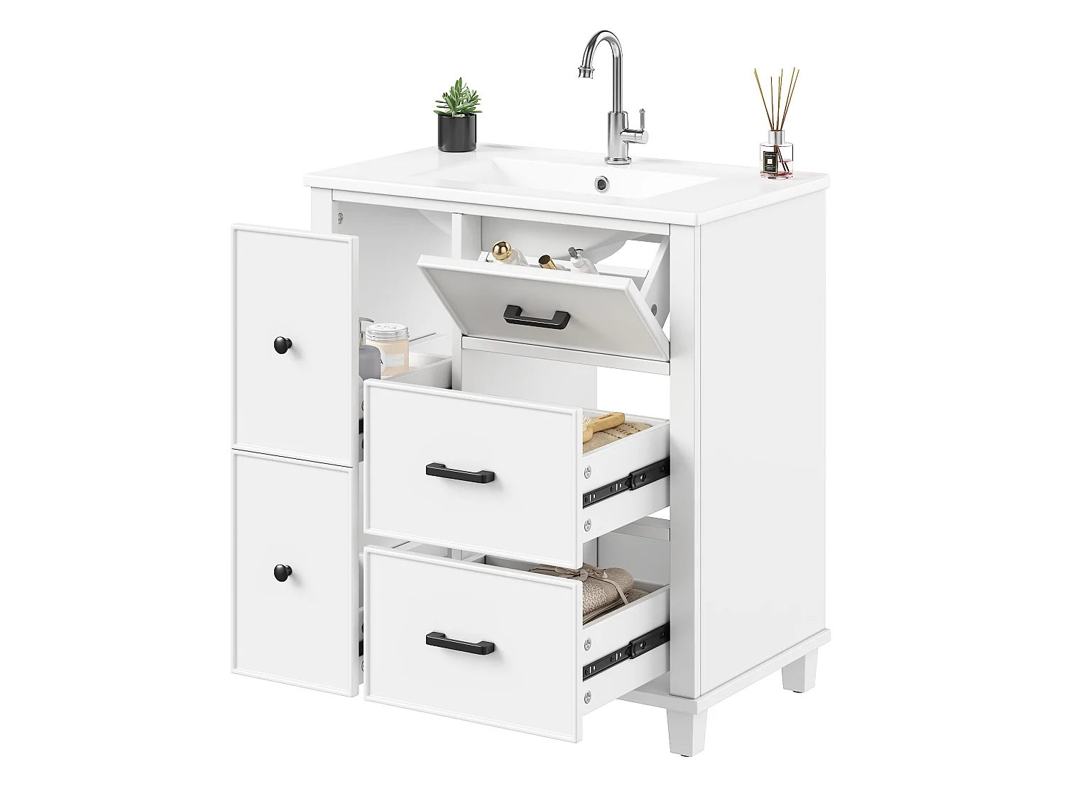 Badezimmer-Waschtisch mit Keramikwaschbecken, 5 Schubladen – MDF und Keramik – 76,5 x 47 x 83,5 cm – Weiß