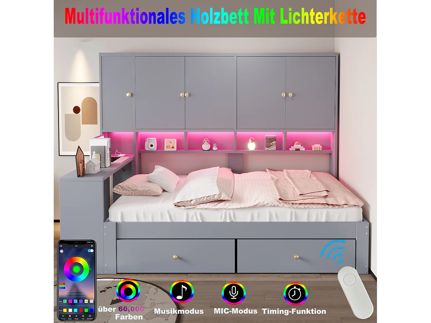 Lit multifonction 90 x 200 cm avec bureau, armoires, 2 tiroirs, LED et prises - Bois - Gris (Sans matelas)