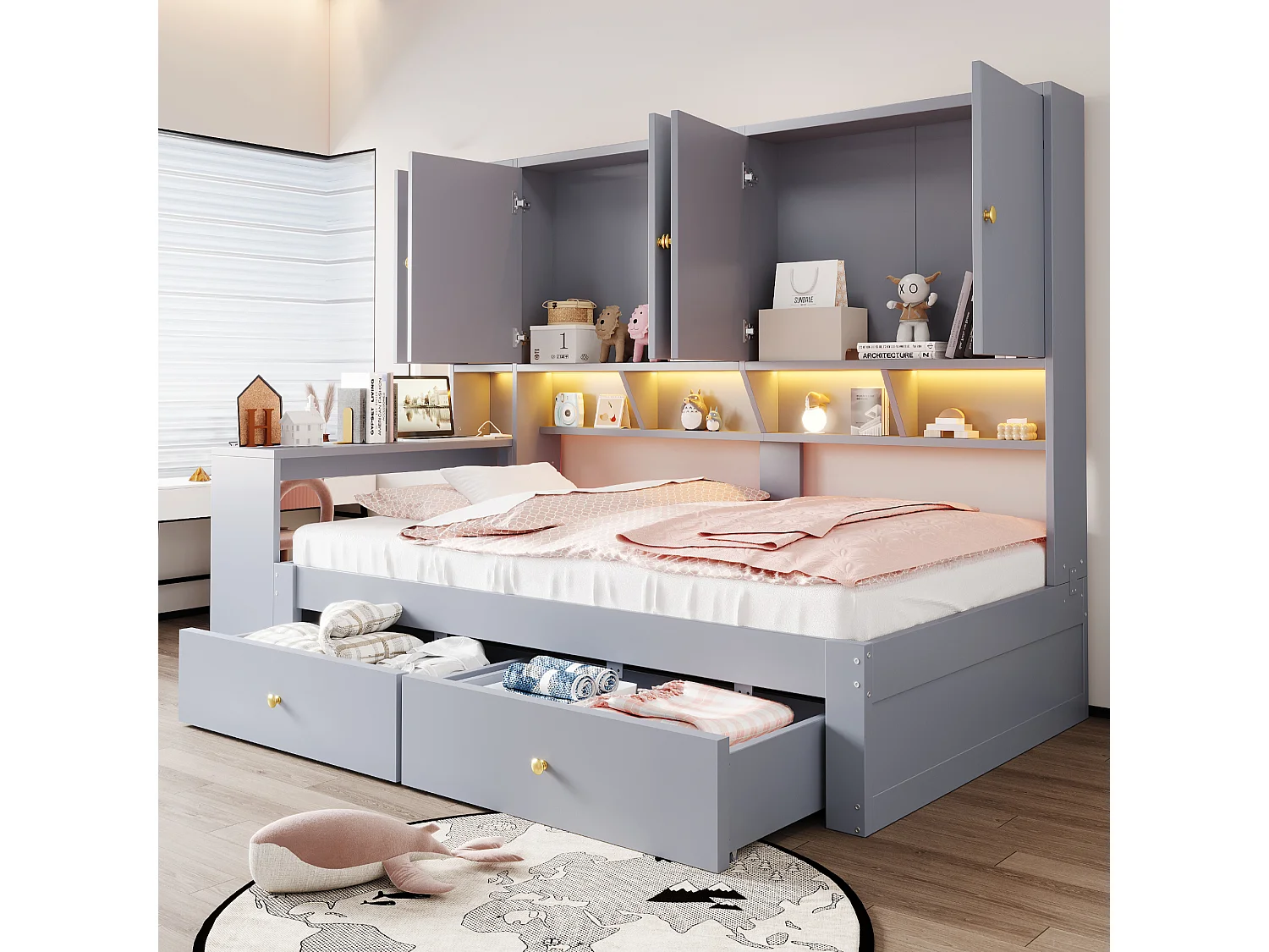 Lit multifonction 90 x 200 cm avec bureau, armoires, 2 tiroirs, LED et prises - Bois - Gris (Sans matelas)
