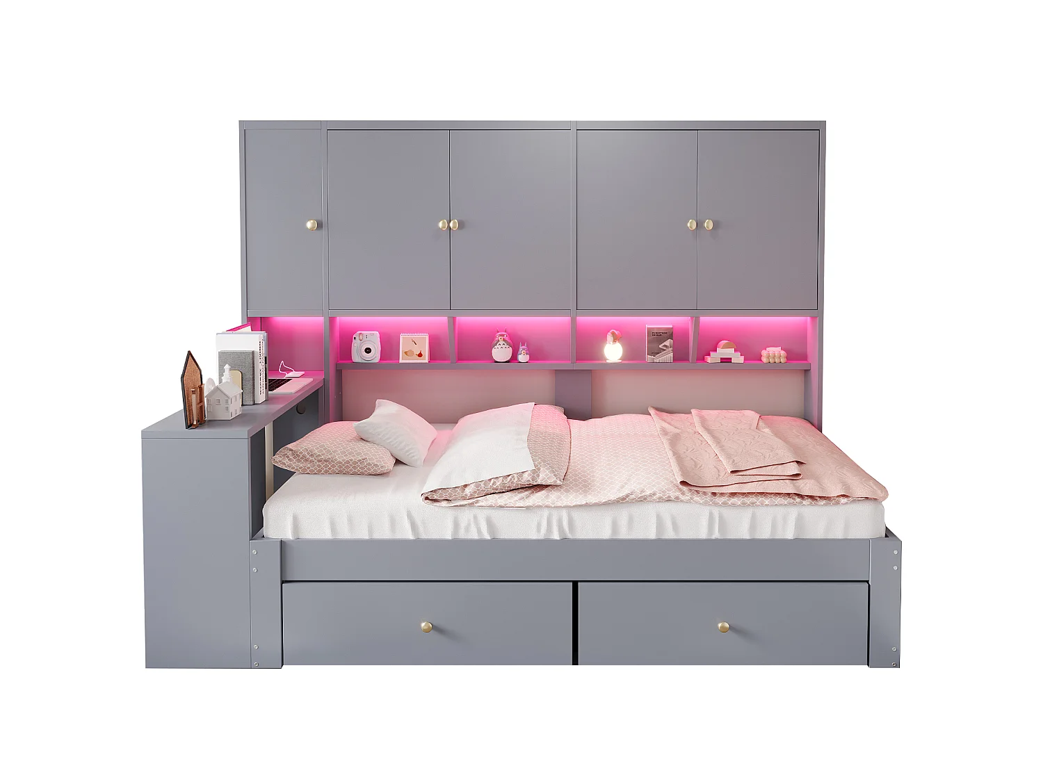 Lit multifonction 90 x 200 cm avec bureau, armoires, 2 tiroirs, LED et prises - Bois - Gris (Sans matelas)