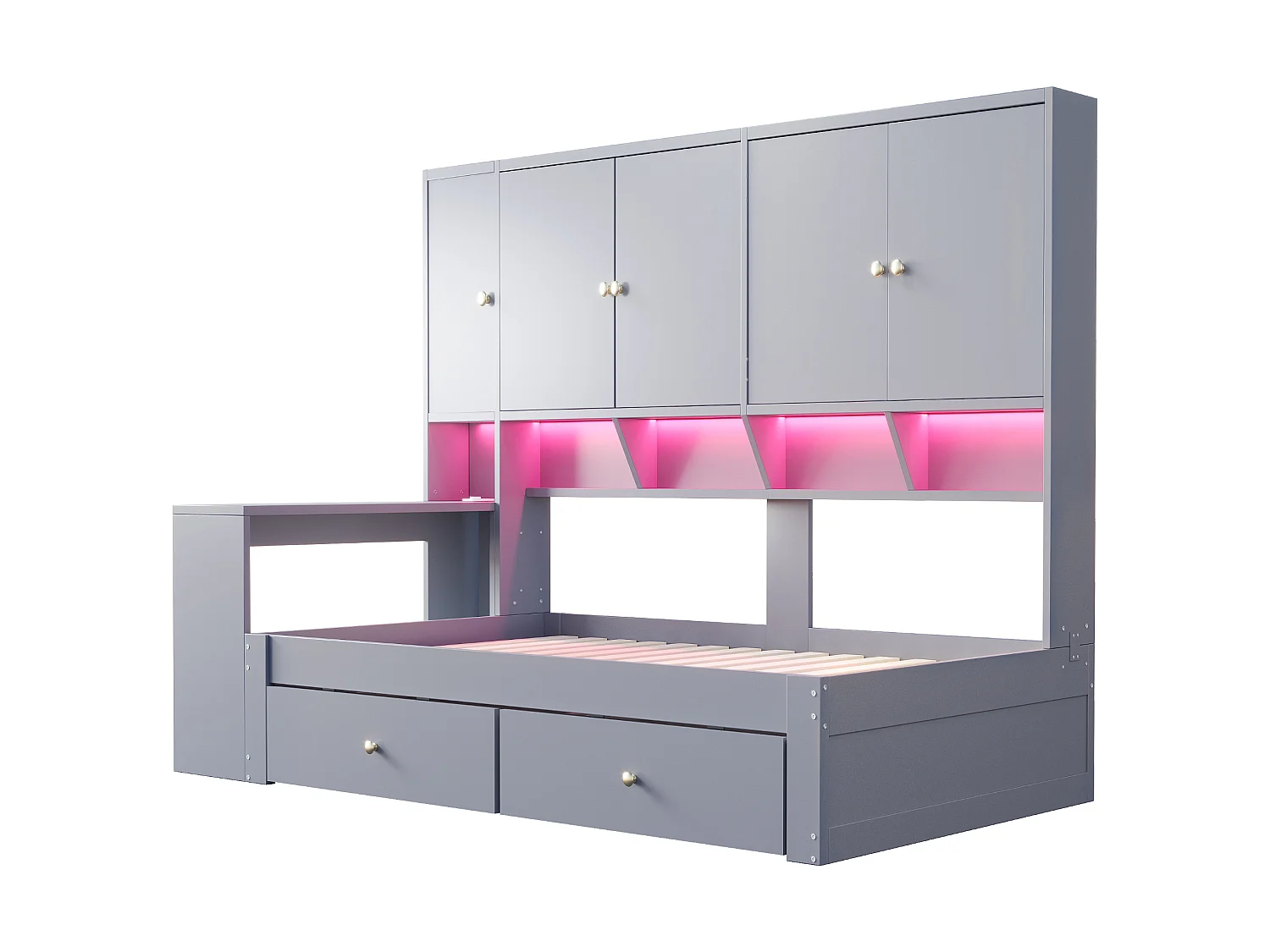 Lit multifonction 90 x 200 cm avec bureau, armoires, 2 tiroirs, LED et prises - Bois - Gris (Sans matelas)