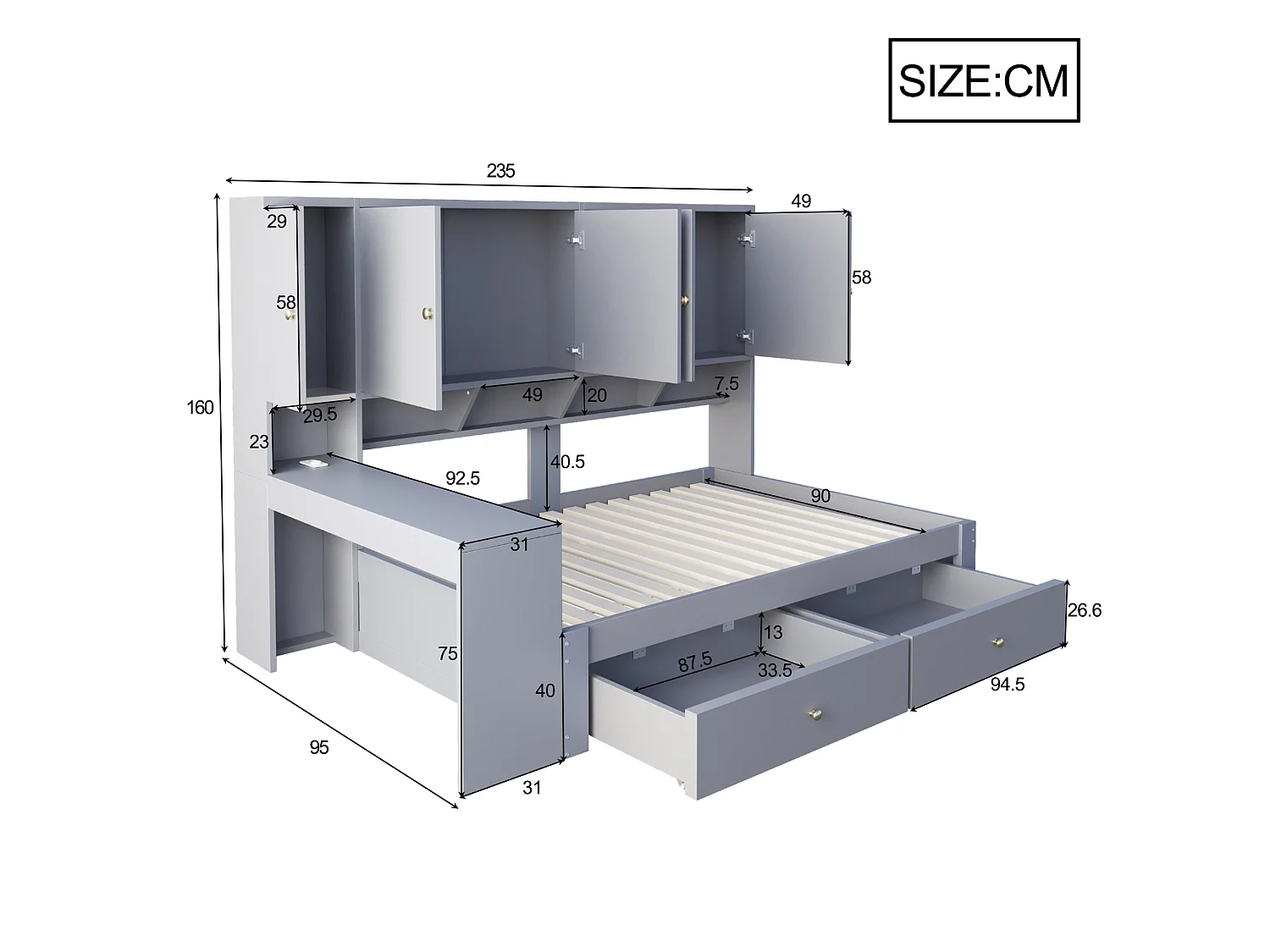 Lit multifonction 90 x 200 cm avec bureau, armoires, 2 tiroirs, LED et prises - Bois - Gris (Sans matelas)