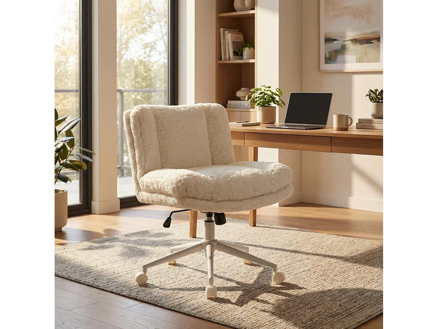 Chaise de bureau large fausse fourrure crème, pivotante et réglable, style cosy