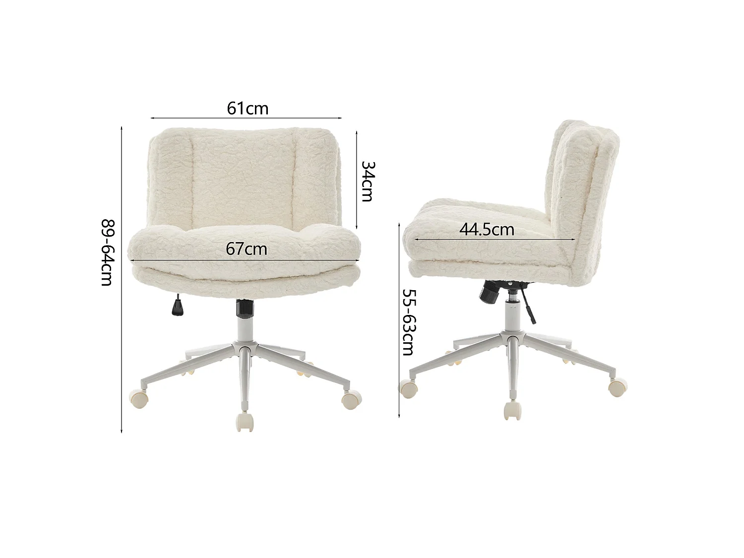Chaise de bureau large fausse fourrure crème, pivotante et réglable, style cosy