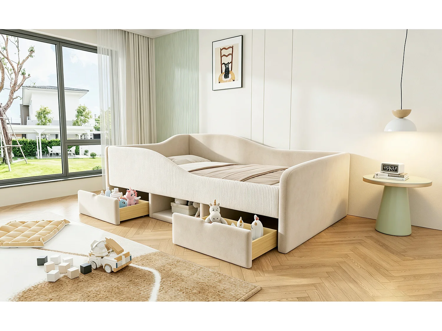 Lit capitonné enfant 90 x 190 cm avec 2 tiroirs, rangements et barrières de sécurité - Velours - Beige (Sans matelas)