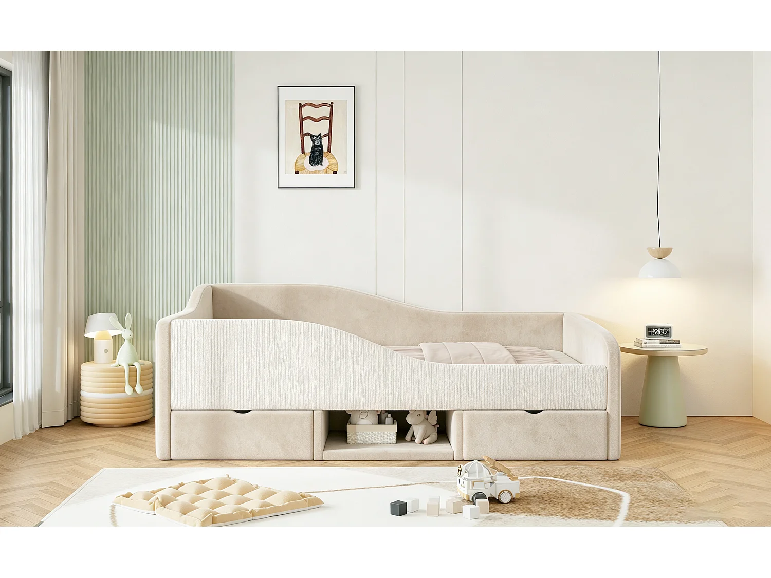 Lit capitonné enfant 90 x 190 cm avec 2 tiroirs, rangements et barrières de sécurité - Velours - Beige (Sans matelas)