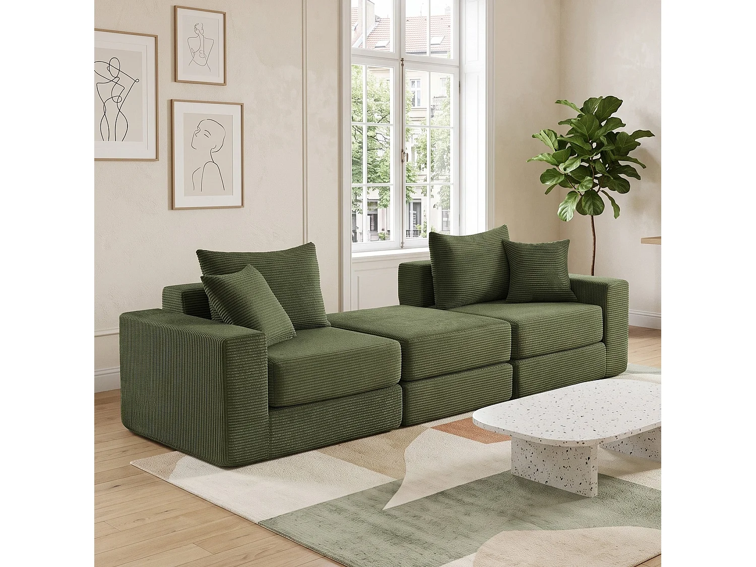 Canapé modulable 3 places velours côtelé vert, 259x96cm