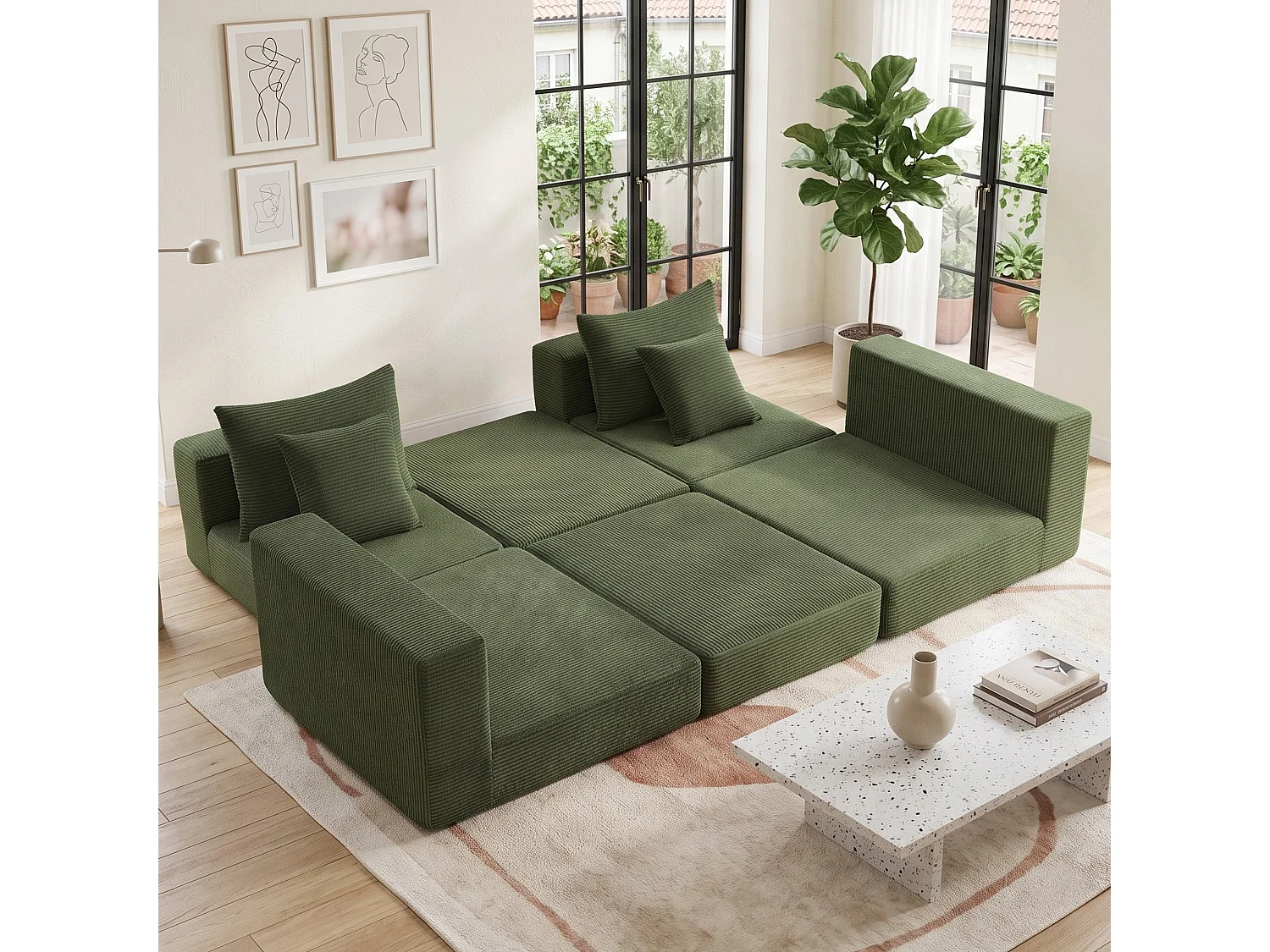 Canapé modulable 3 places velours côtelé vert, 259x96cm
