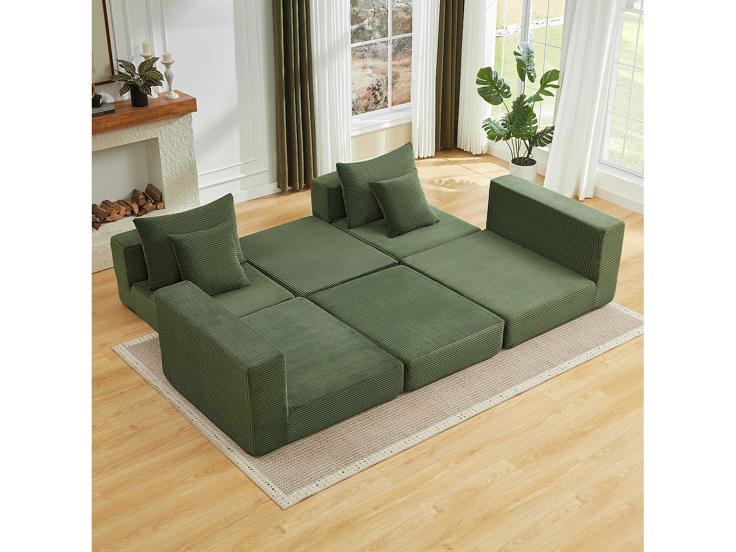 Canapé modulable 3 places velours côtelé vert, 259x96cm