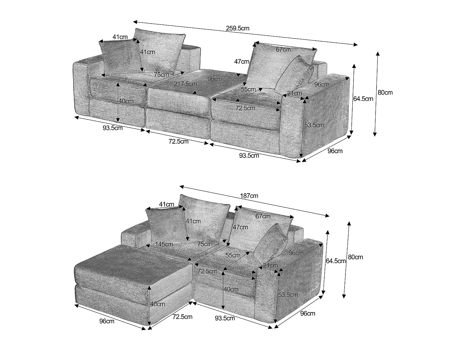 Canapé modulable 3 places velours côtelé vert, 259x96cm