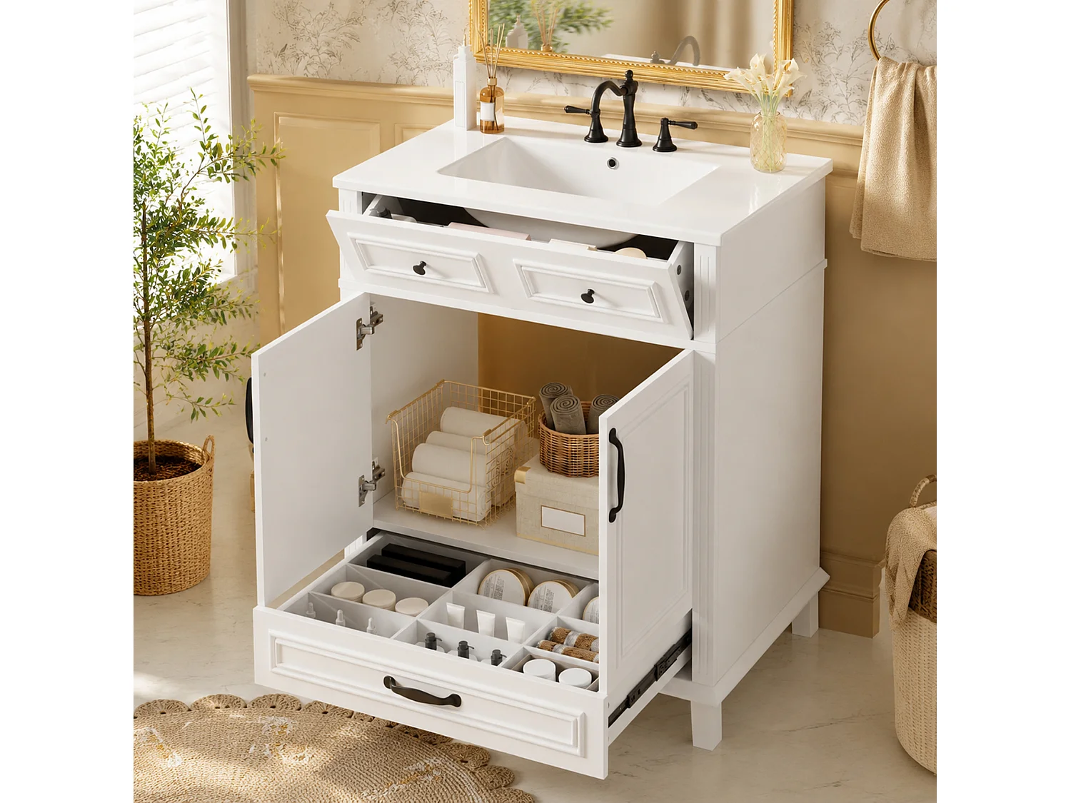 Badezimmer-Waschtisch mit Keramikwaschbecken, 2 Türen und 2 Schubladen – MDF und Keramik – 77 x 46 x 86 cm – Weiß
