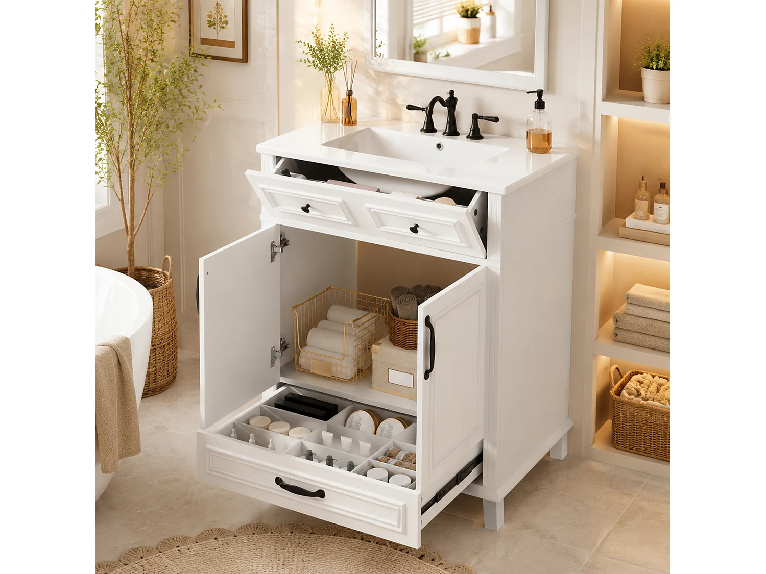 Badezimmer-Waschtisch mit Keramikwaschbecken, 2 Türen und 2 Schubladen – MDF und Keramik – 77 x 46 x 86 cm – Weiß