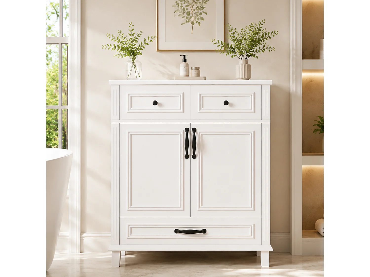 Badezimmer-Waschtisch mit Keramikwaschbecken, 2 Türen und 2 Schubladen – MDF und Keramik – 77 x 46 x 86 cm – Weiß