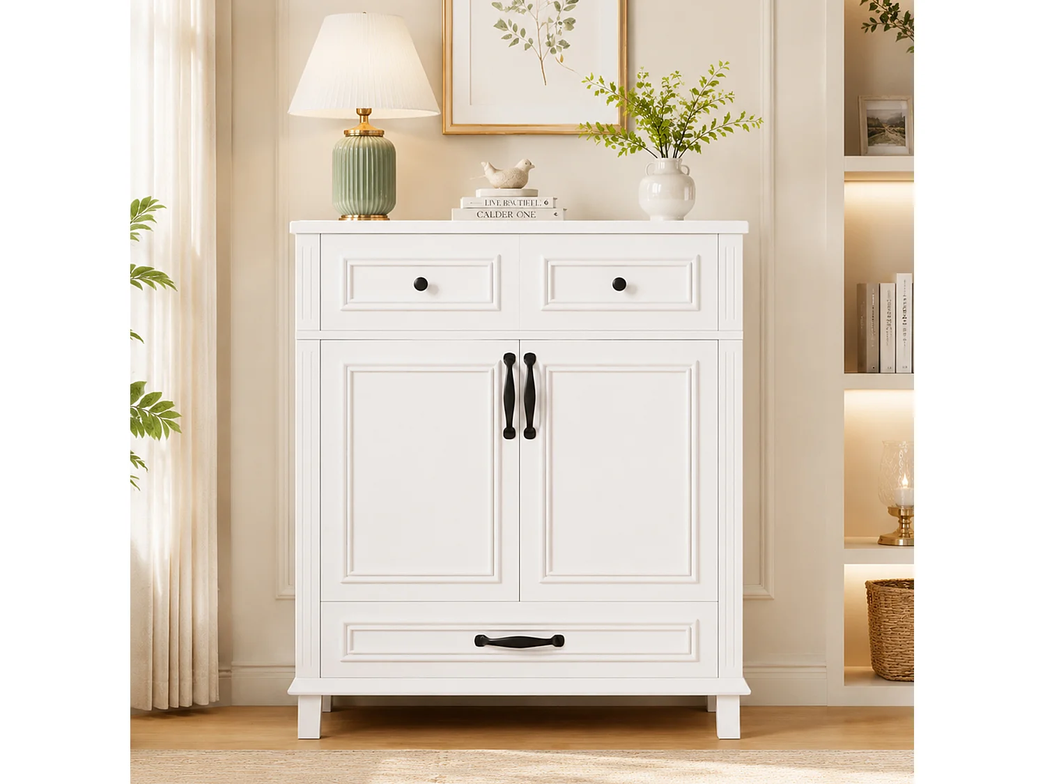 Badezimmer-Waschtisch mit Keramikwaschbecken, 2 Türen und 2 Schubladen – MDF und Keramik – 77 x 46 x 86 cm – Weiß