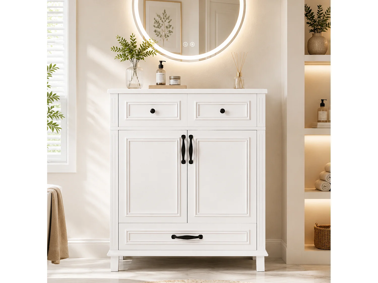 Badezimmer-Waschtisch mit Keramikwaschbecken, 2 Türen und 2 Schubladen – MDF und Keramik – 77 x 46 x 86 cm – Weiß