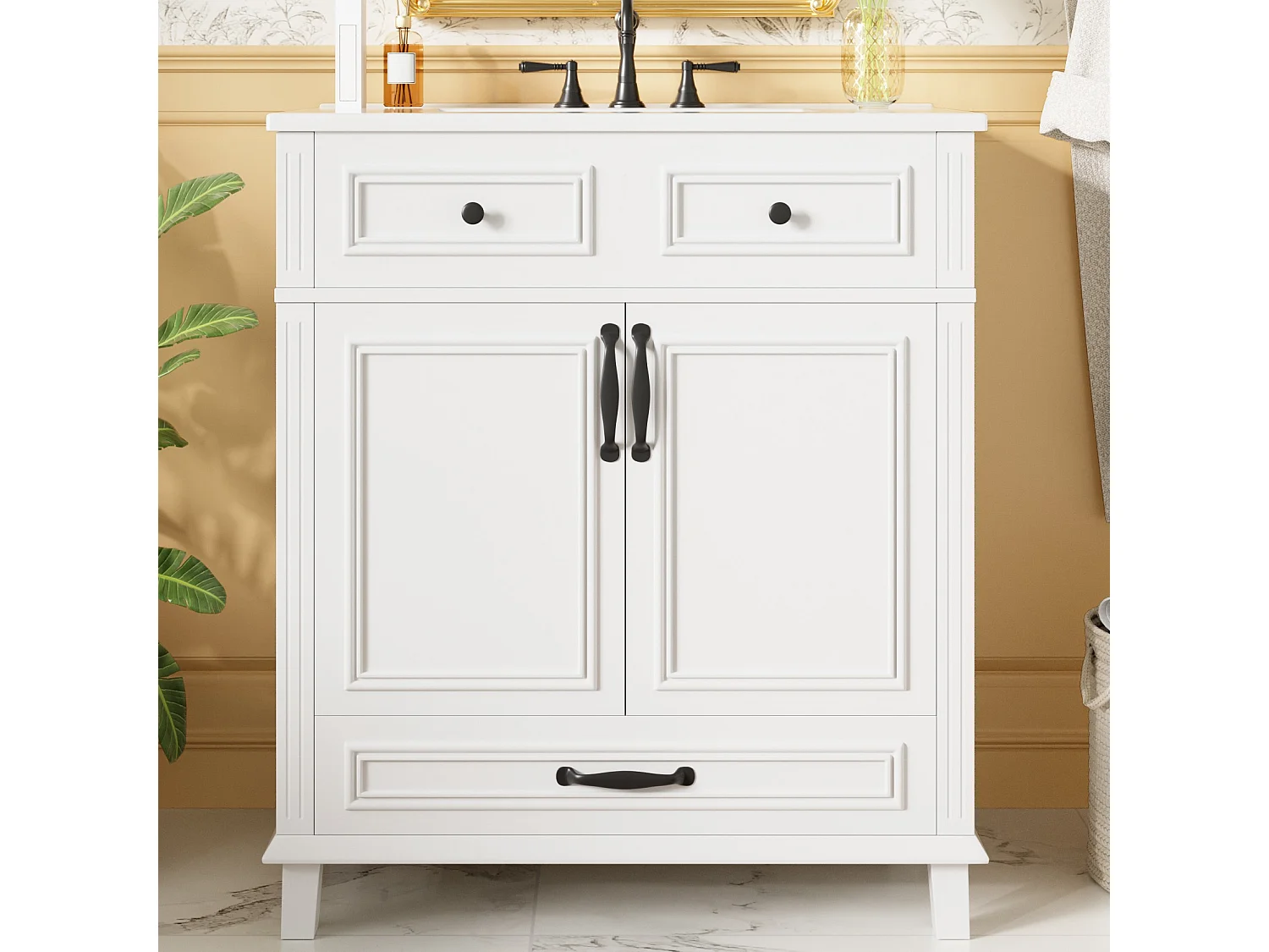 Badezimmer-Waschtisch mit Keramikwaschbecken, 2 Türen und 2 Schubladen – MDF und Keramik – 77 x 46 x 86 cm – Weiß