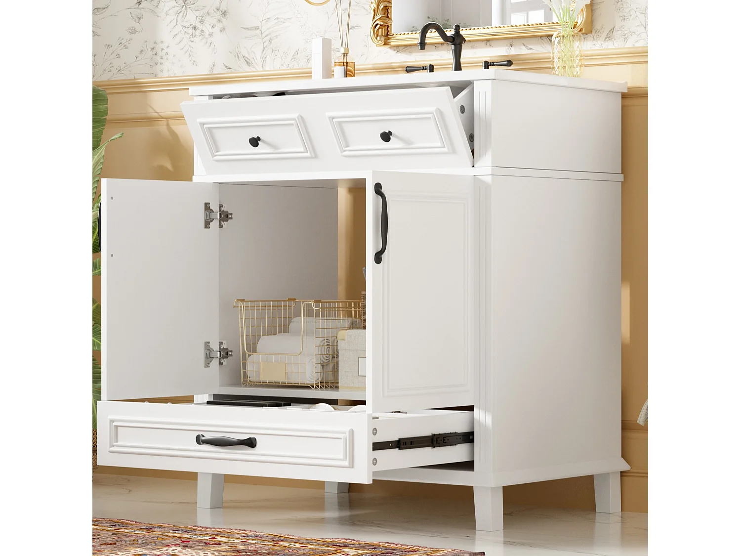 Badezimmer-Waschtisch mit Keramikwaschbecken, 2 Türen und 2 Schubladen – MDF und Keramik – 77 x 46 x 86 cm – Weiß