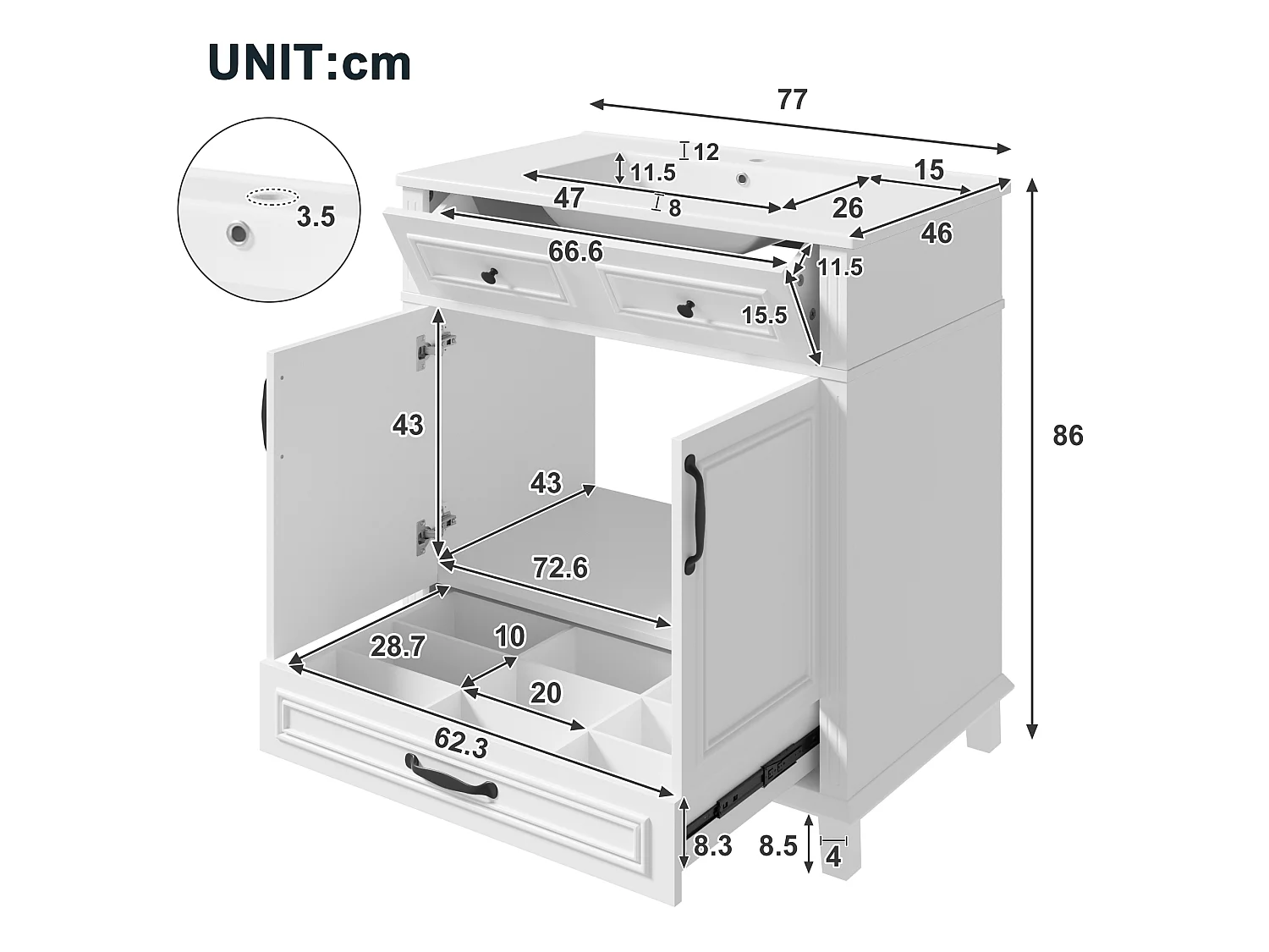 Badezimmer-Waschtisch mit Keramikwaschbecken, 2 Türen und 2 Schubladen – MDF und Keramik – 77 x 46 x 86 cm – Weiß