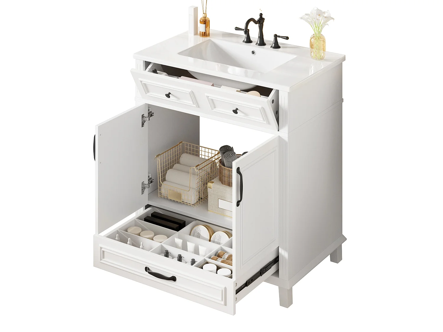 Badezimmer-Waschtisch mit Keramikwaschbecken, 2 Türen und 2 Schubladen – MDF und Keramik – 77 x 46 x 86 cm – Weiß