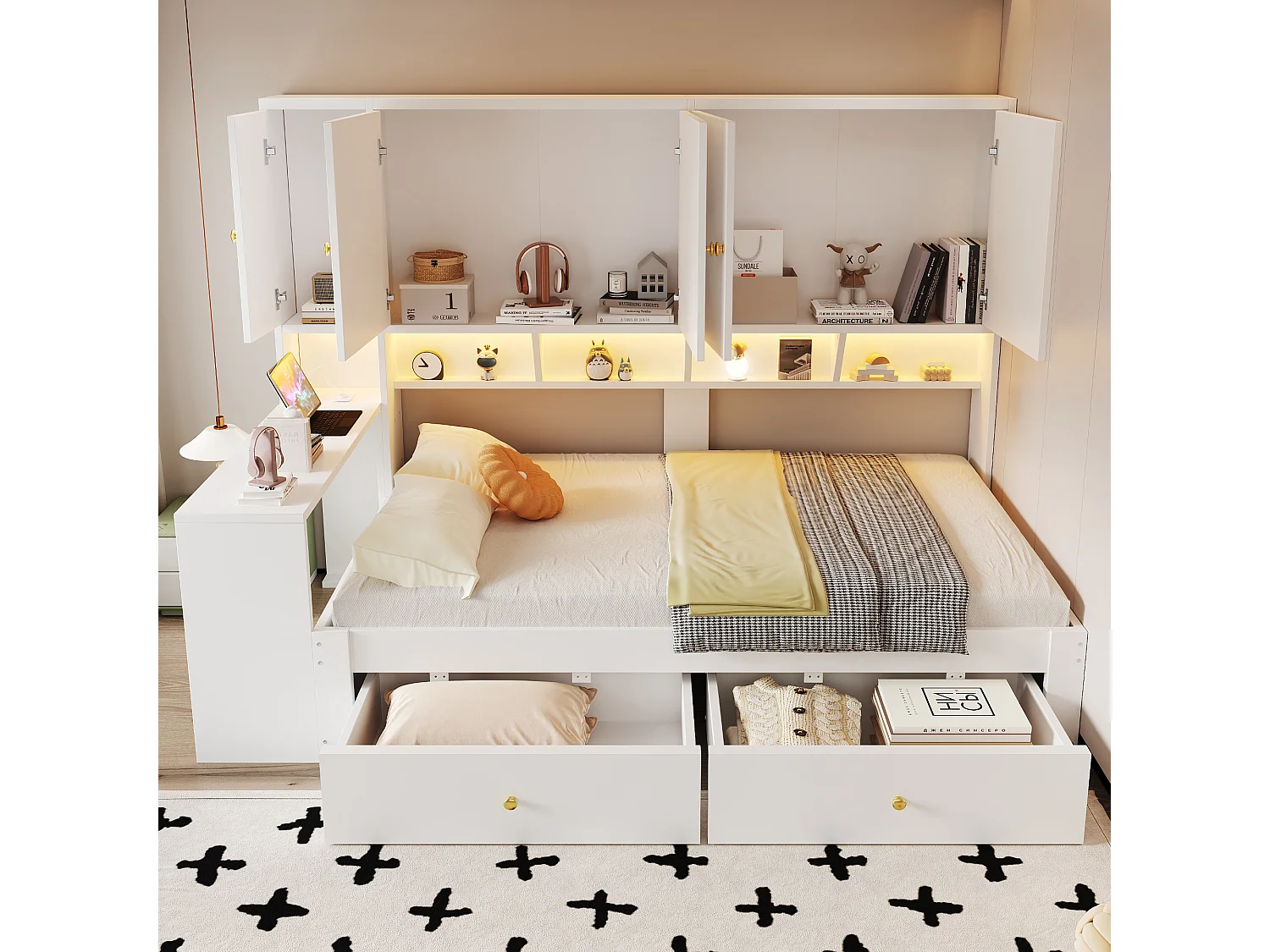 Lit multifonction 90 x 200 cm avec bureau, armoires, 2 tiroirs, LED et prises - Bois - Blanc (Sans matelas)