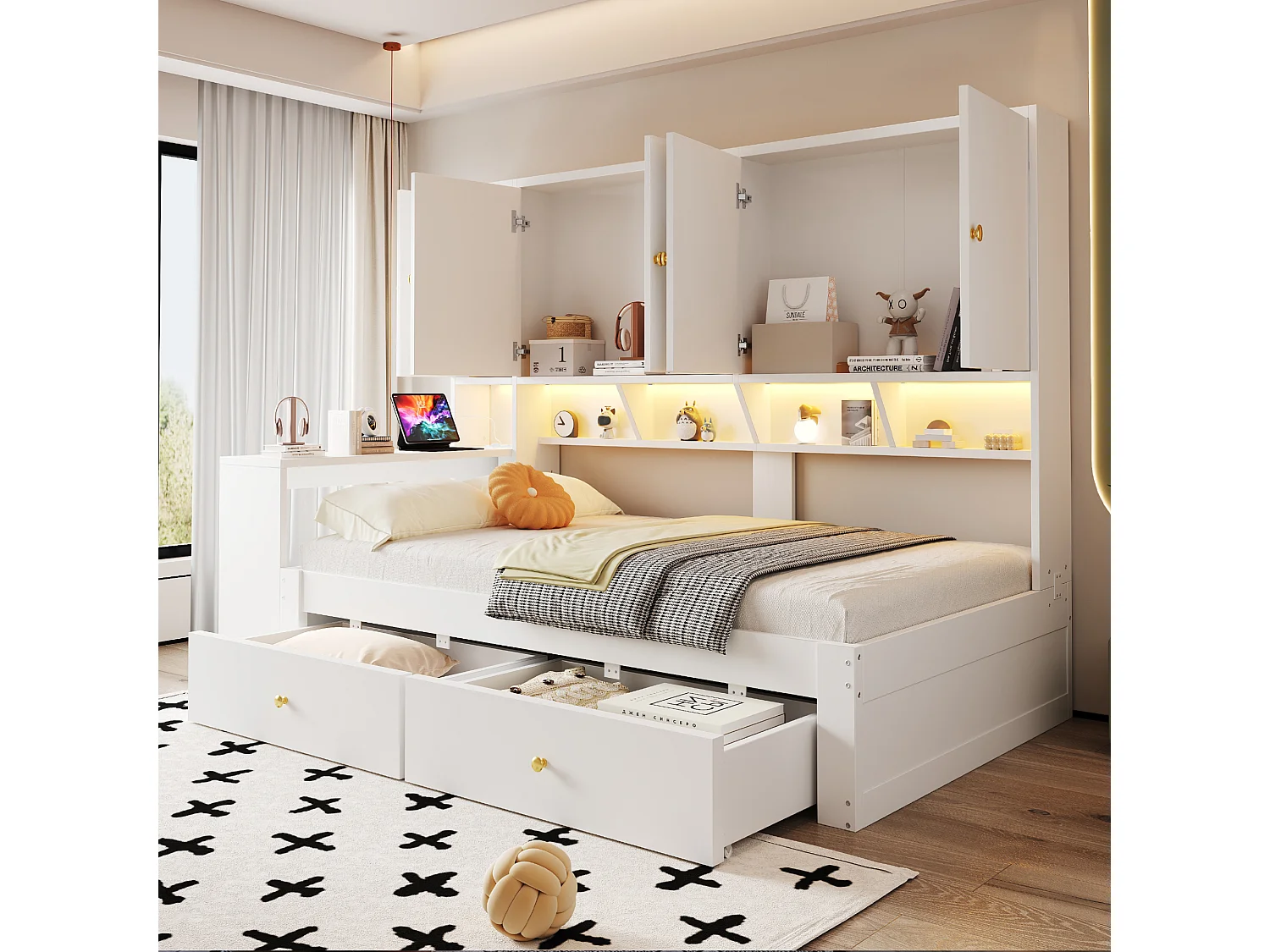 Lit multifonction 90 x 200 cm avec bureau, armoires, 2 tiroirs, LED et prises - Bois - Blanc (Sans matelas)