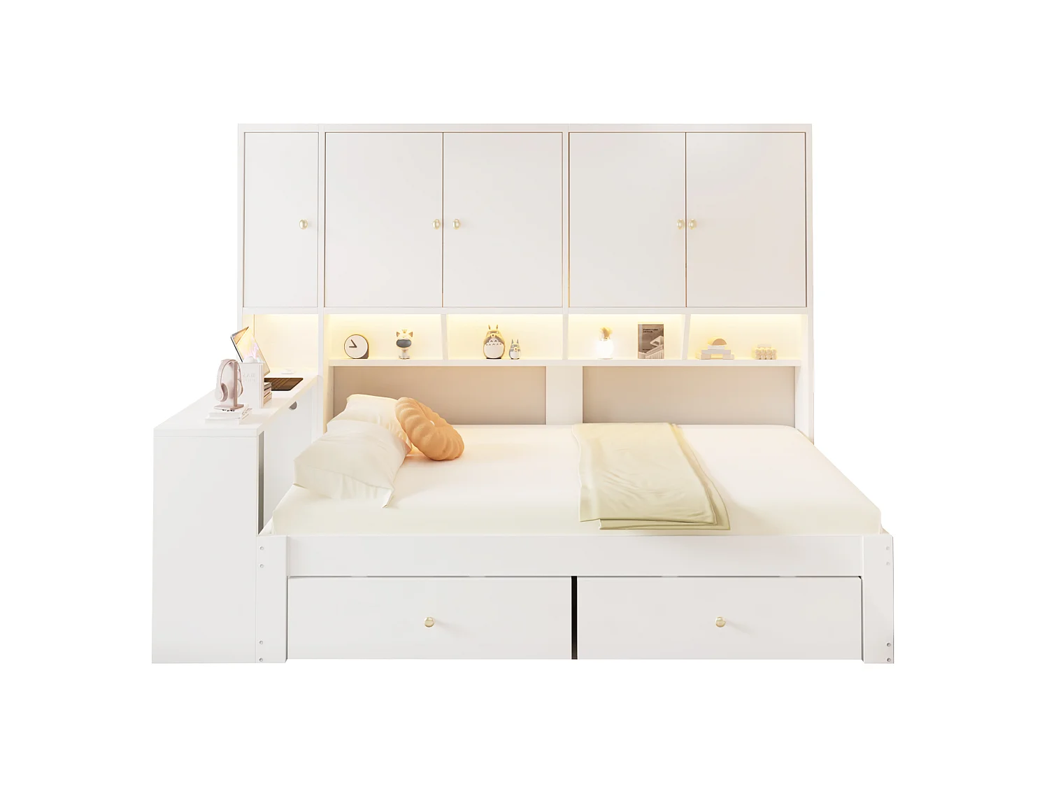 Lit multifonction 90 x 200 cm avec bureau, armoires, 2 tiroirs, LED et prises - Bois - Blanc (Sans matelas)