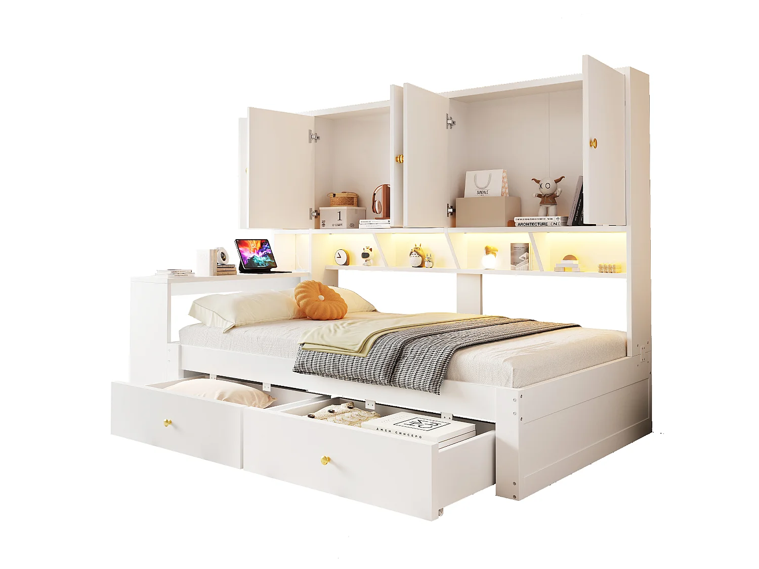 Lit multifonction 90 x 200 cm avec bureau, armoires, 2 tiroirs, LED et prises - Bois - Blanc (Sans matelas)