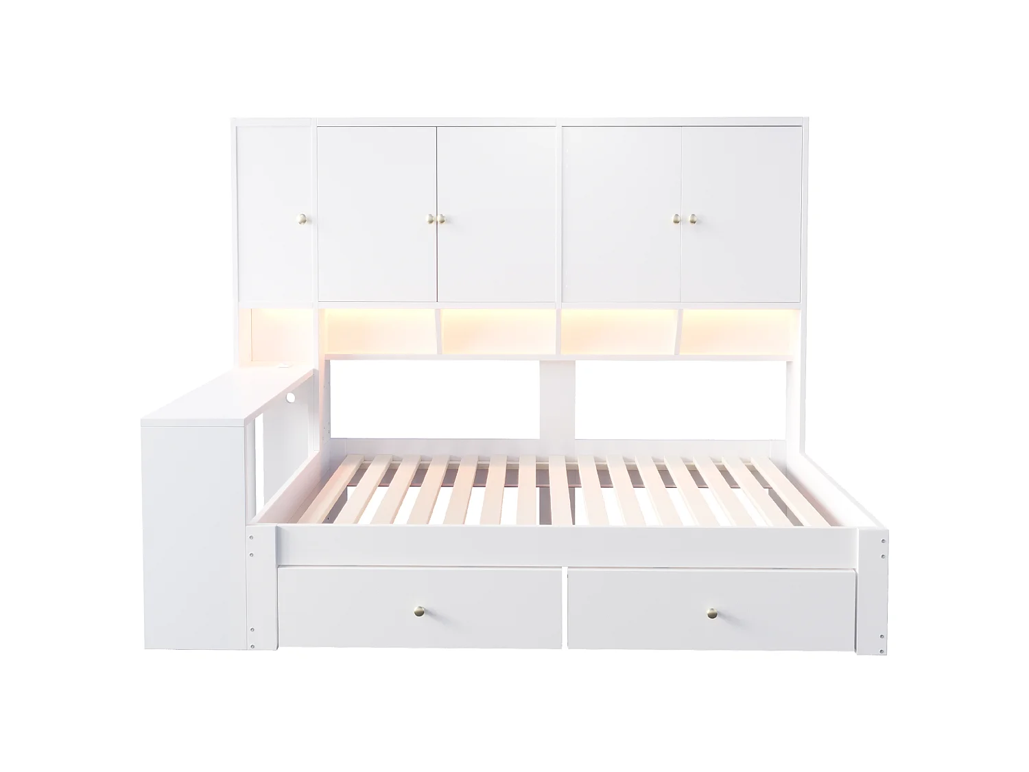 Lit multifonction 90 x 200 cm avec bureau, armoires, 2 tiroirs, LED et prises - Bois - Blanc (Sans matelas)