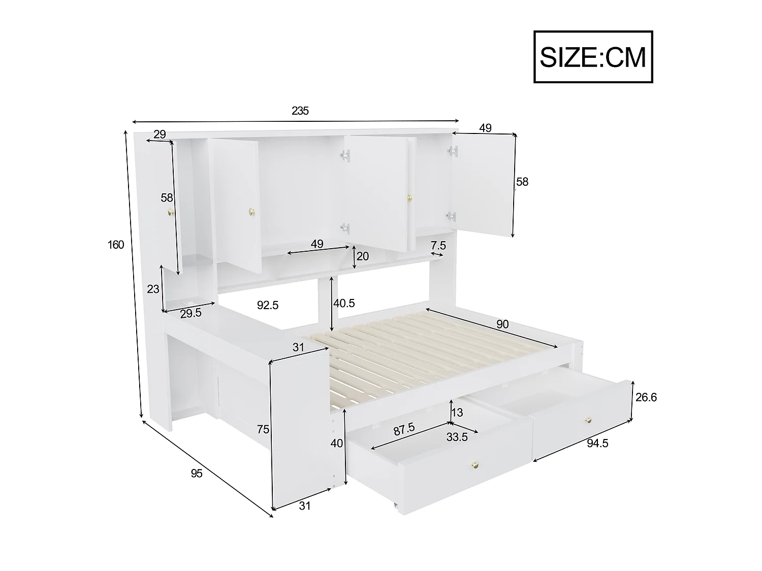 Lit multifonction 90 x 200 cm avec bureau, armoires, 2 tiroirs, LED et prises - Bois - Blanc (Sans matelas)