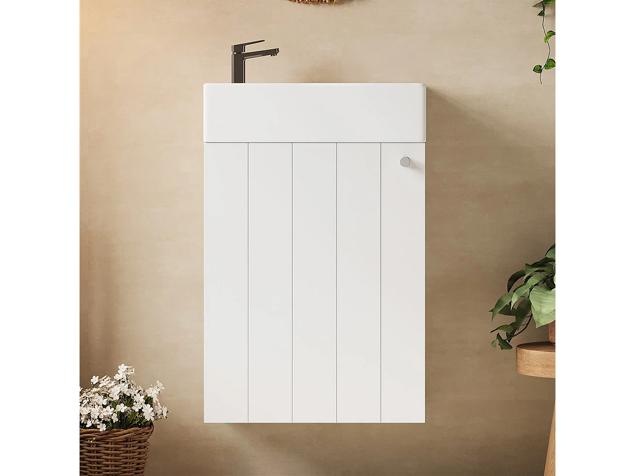 Meuble lave-mains suspendu avec lavabo en céramique et 1 porte - MDF et céramique - 41 x 23 x 62,5 cm - Blanc et bois naturel