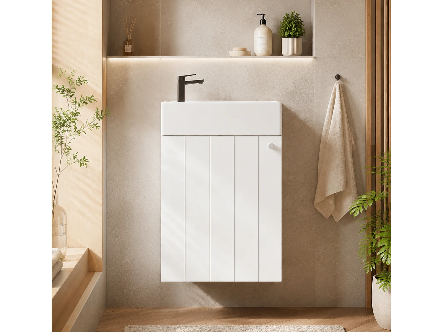 Meuble lave-mains suspendu avec lavabo en céramique et 1 porte - MDF et céramique - 41 x 23 x 62,5 cm - Blanc et bois naturel