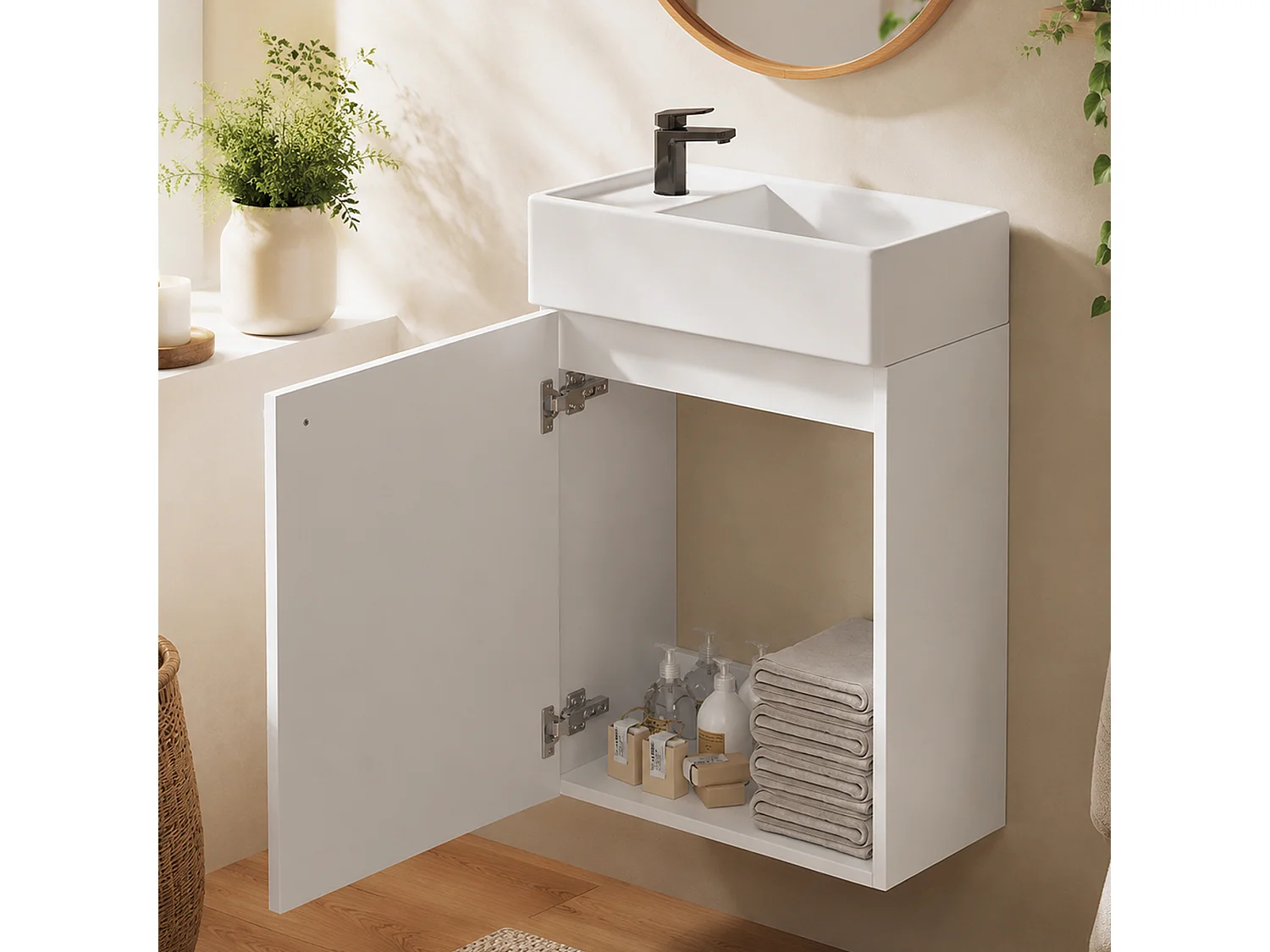 Meuble lave-mains suspendu avec lavabo en céramique et 1 porte - MDF et céramique - 41 x 23 x 62,5 cm - Blanc et bois naturel
