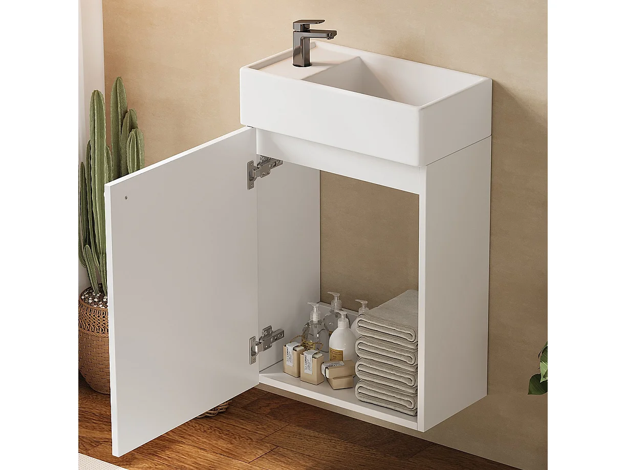 Meuble lave-mains suspendu avec lavabo en céramique et 1 porte - MDF et céramique - 41 x 23 x 62,5 cm - Blanc et bois naturel