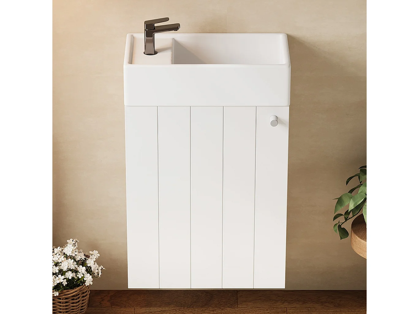 Meuble lave-mains suspendu avec lavabo en céramique et 1 porte - MDF et céramique - 41 x 23 x 62,5 cm - Blanc et bois naturel