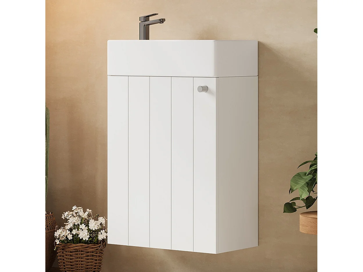 Meuble lave-mains suspendu avec lavabo en céramique et 1 porte - MDF et céramique - 41 x 23 x 62,5 cm - Blanc et bois naturel