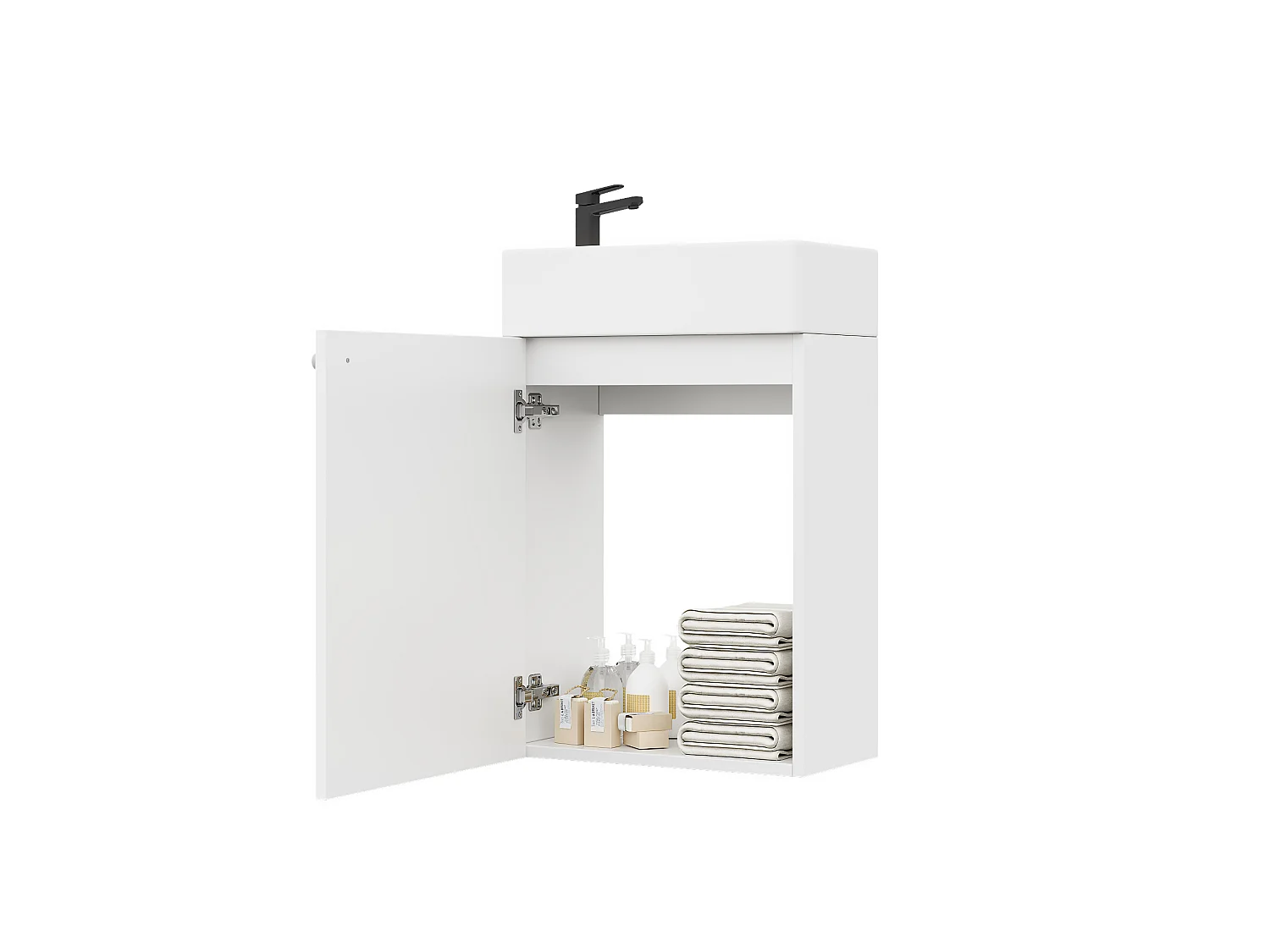 Meuble lave-mains suspendu avec lavabo en céramique et 1 porte - MDF et céramique - 41 x 23 x 62,5 cm - Blanc et bois naturel