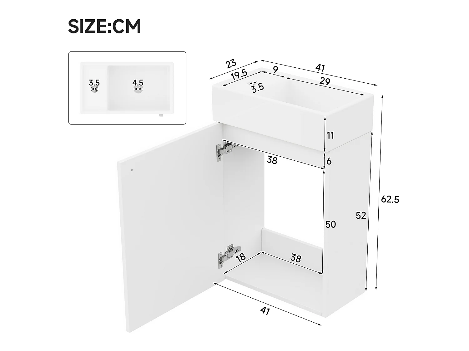 Meuble lave-mains suspendu avec lavabo en céramique et 1 porte - MDF et céramique - 41 x 23 x 62,5 cm - Blanc et bois naturel